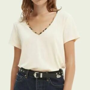 Scotch & Soda Animal Print Trim V-Neck Short Sleeve Tee size XL